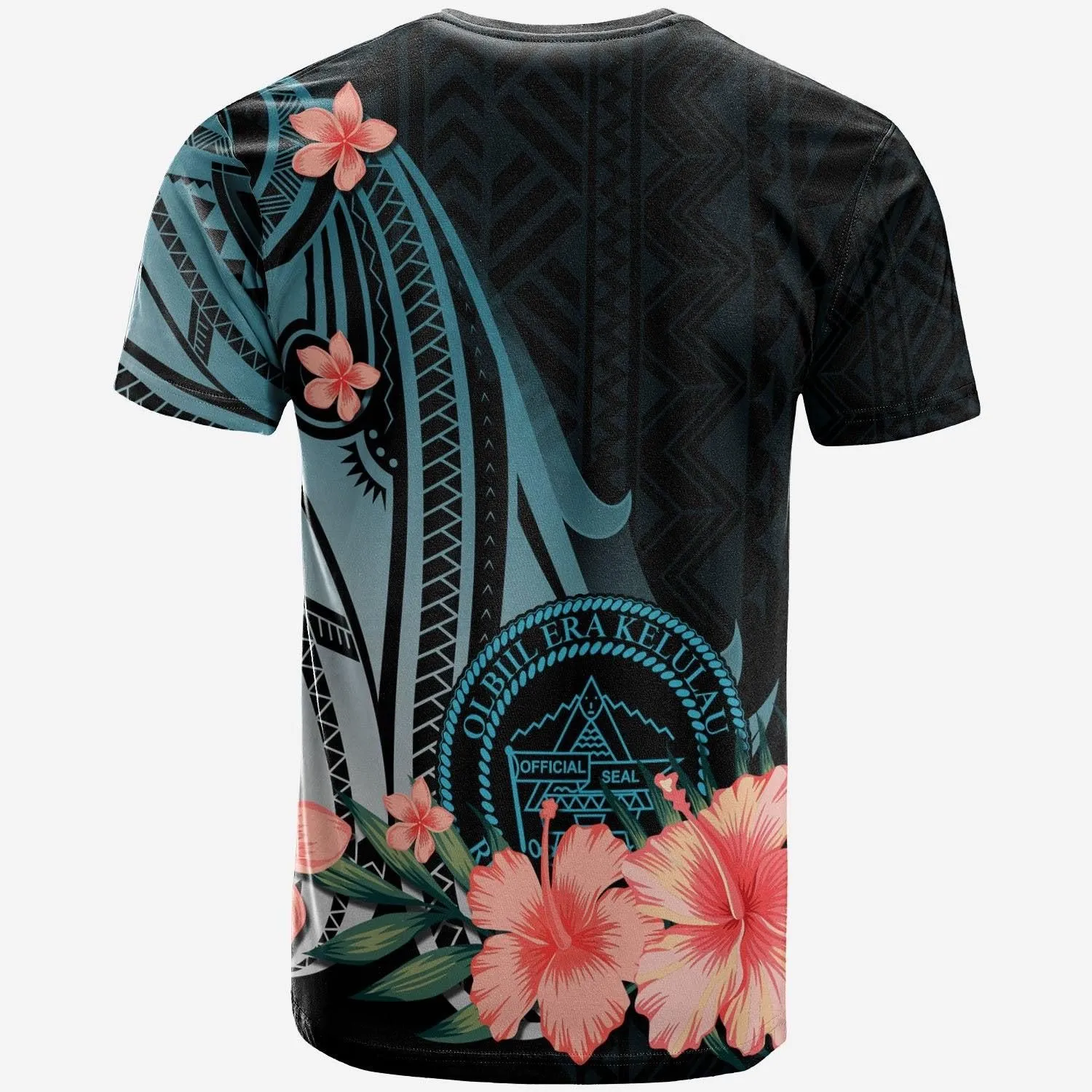Palau Personalised Custom T-Shirt - Turquoise Polynesian Hibiscus Pattern Style
