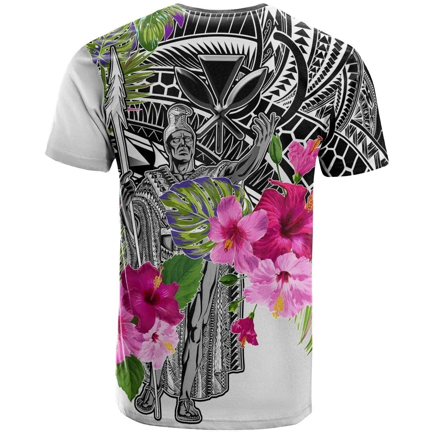 Polynesian Hawaii T shirt - King Kamehameha I With Hibiscus White