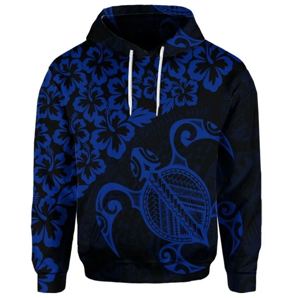 (Personalised) Hawaiian Map Turtle Hibiscus Kanaka Polynesian Hoodie - Blue