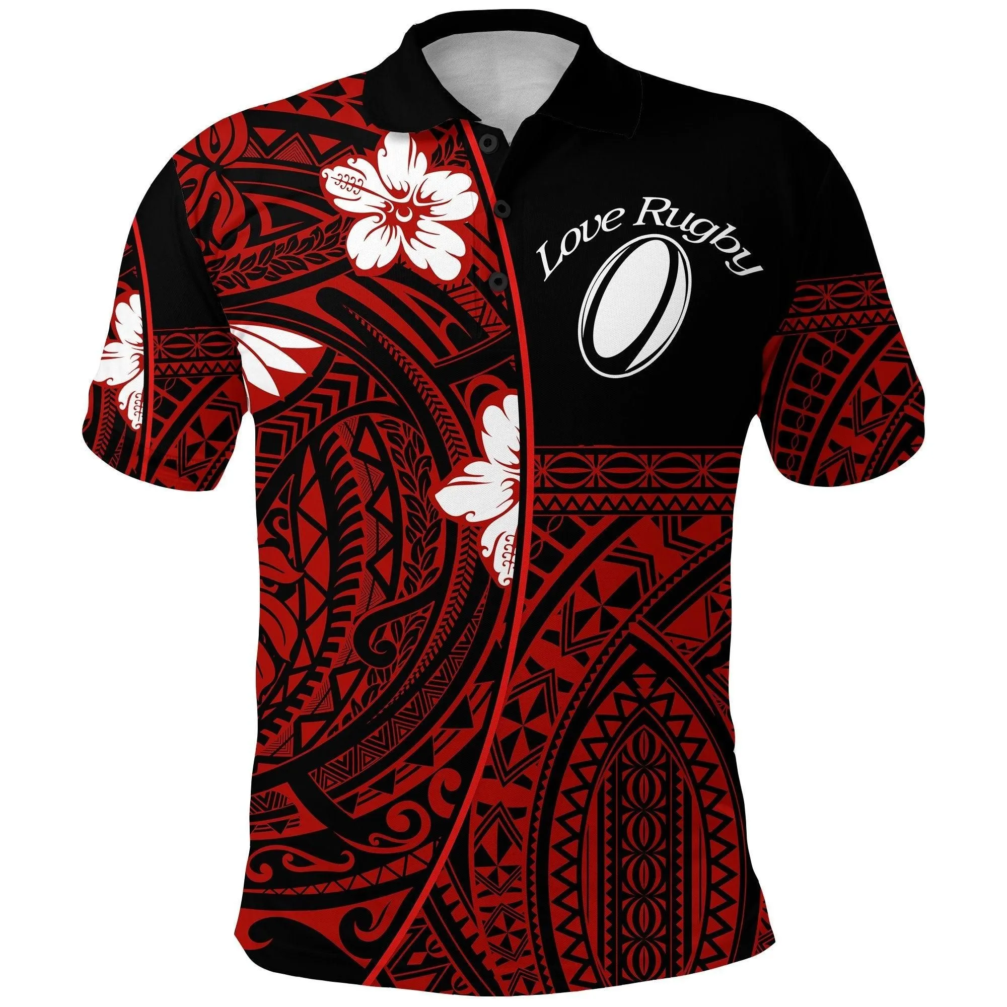 (Custom Personalised) Polynesian Rugby Polo Shirt Love Red - Custom Text and Number