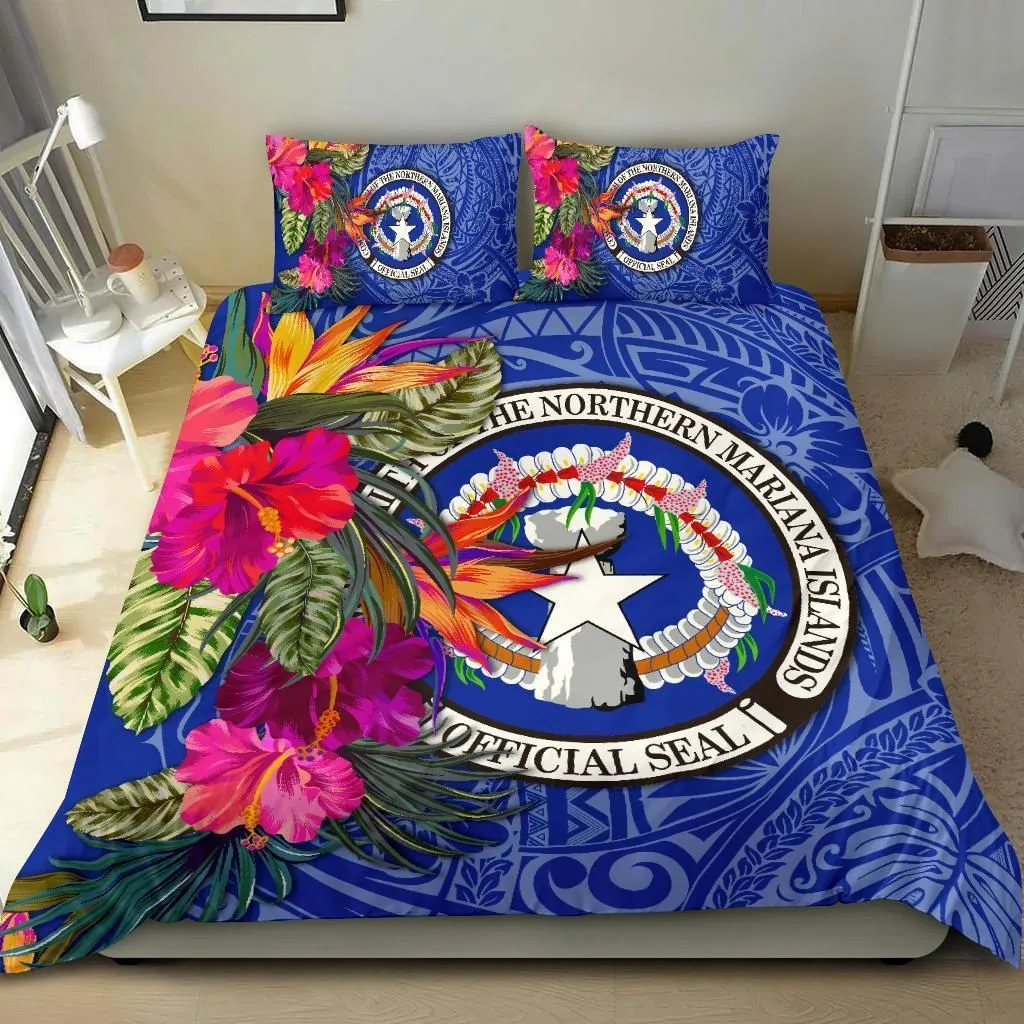 Northern Mariana Islands Bedding Set - Saipan Hibiscus Polynesian Pattern Blue Version