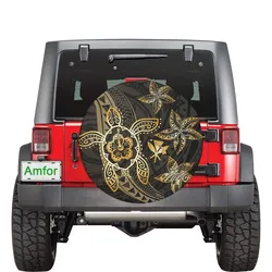 Kanaka Map Hibiscus Plumeria Turtle Art Gold Polynesian Spare Tire Cover AH