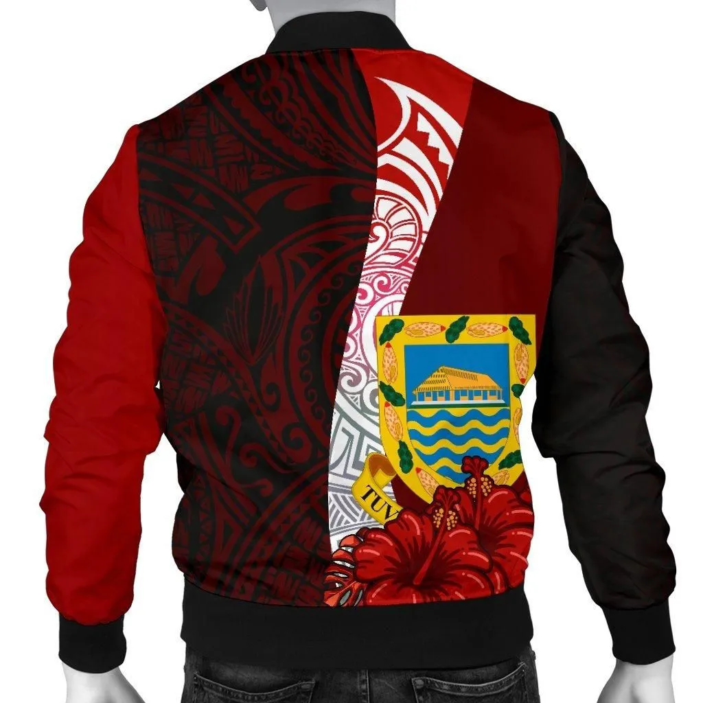 Tuvalu Polynesian Custom Personalised Mens Bomber Jacket - Coat Of Arm With Hibiscus