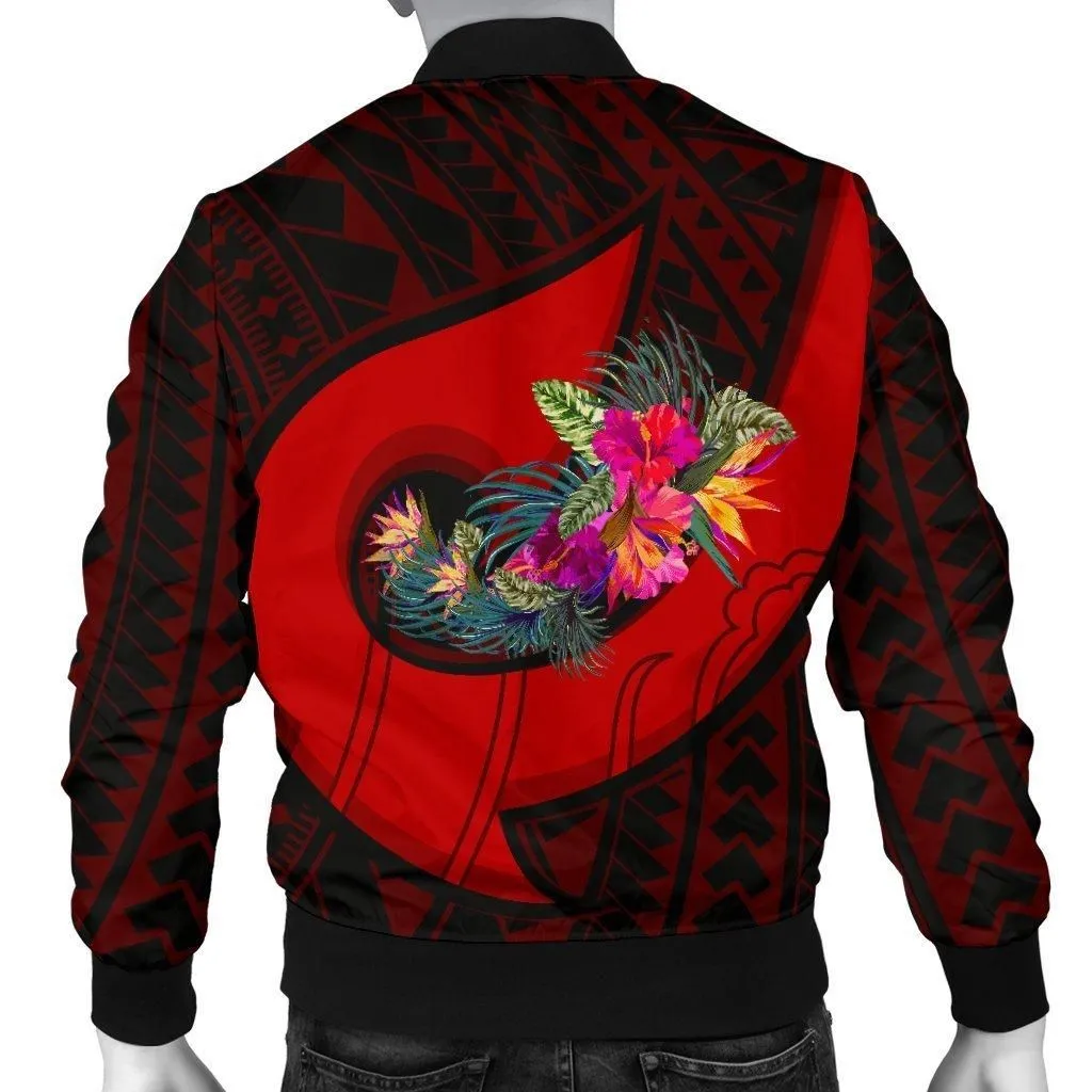 Samoa Mens Bomber Jacket - Polynesian Hook and Hibiscus Red