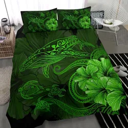 Alohawaii Home Set - Hawaiian Hibiscus Whale Turtle Dance Polynesian Bedding Set - Green - AH J9