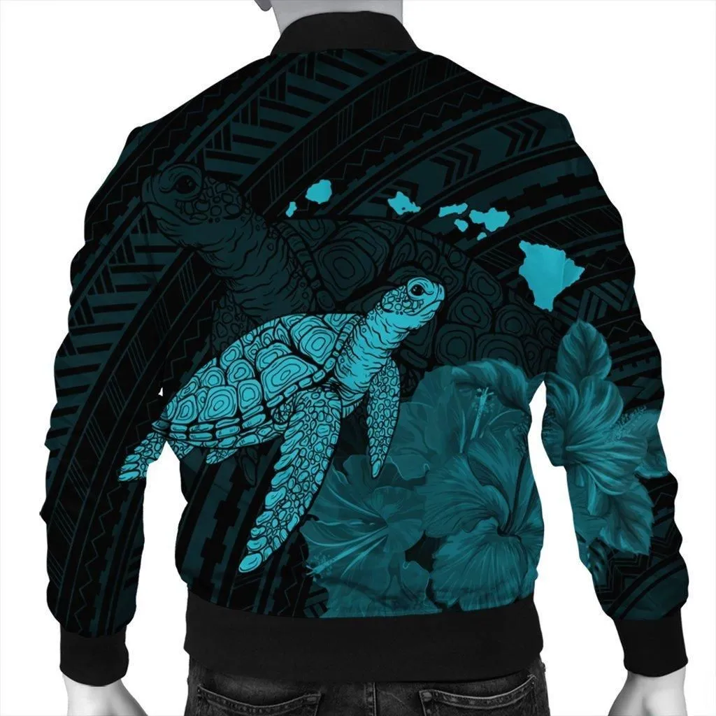 Hawaii Polynesian Hibiscus Turtle Map Bomber Jacket Blue