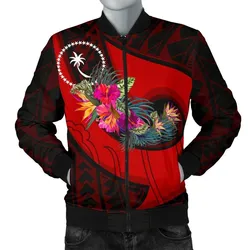 Chuuk Mens Bomber Jacket - Polynesian Hook And Hibiscus (Red)
