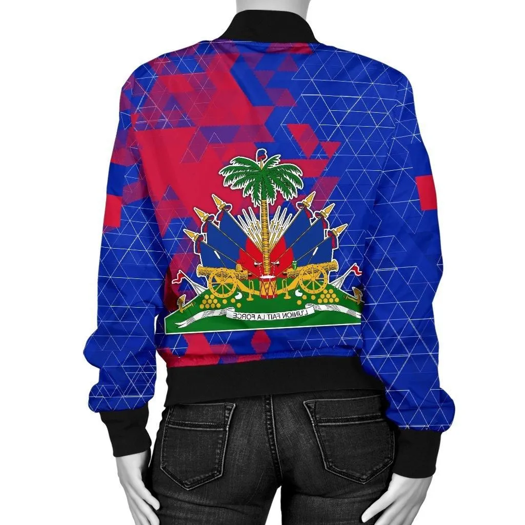 Haiti Womens Bomber Jacket - National Flag Polygon Style