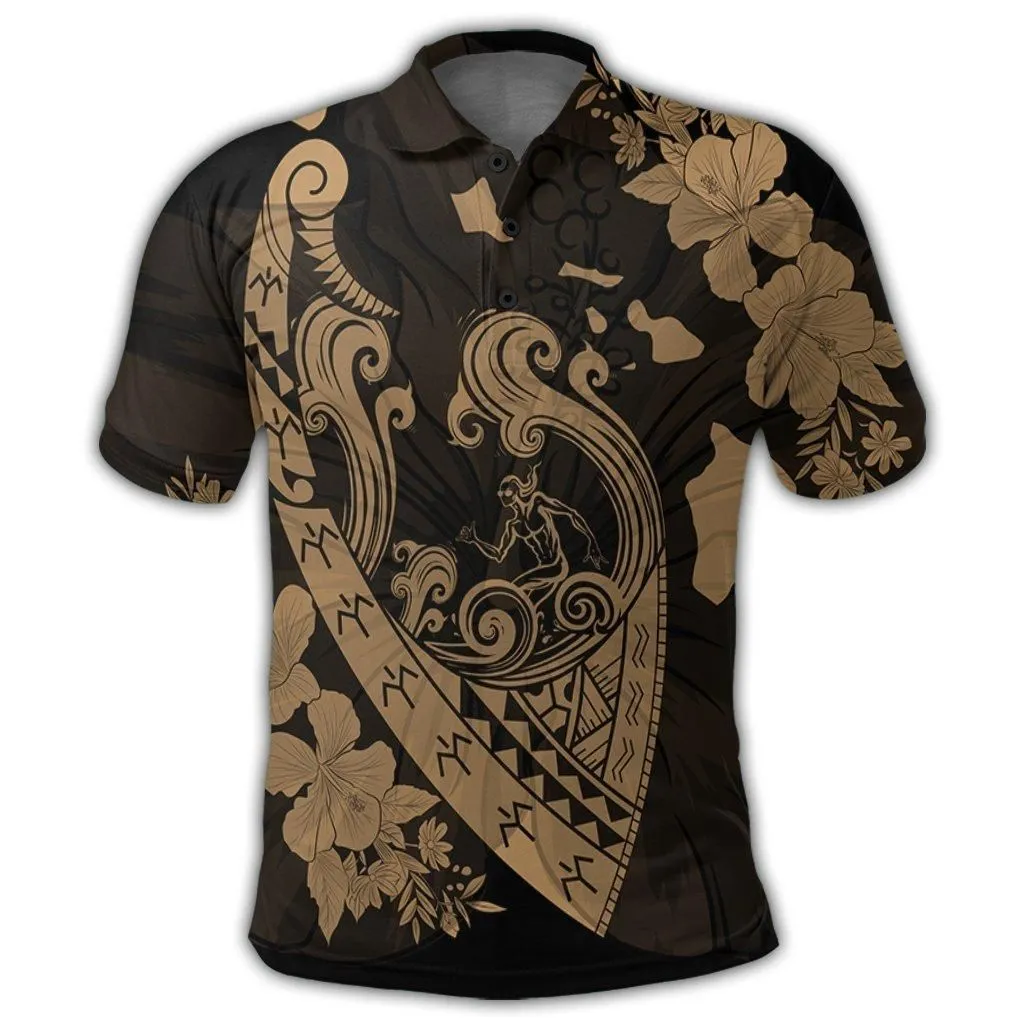 Hawaiian Fish Hook Hibiscus Banzai Surfing Polynesian Polo Shirt Gold - AH