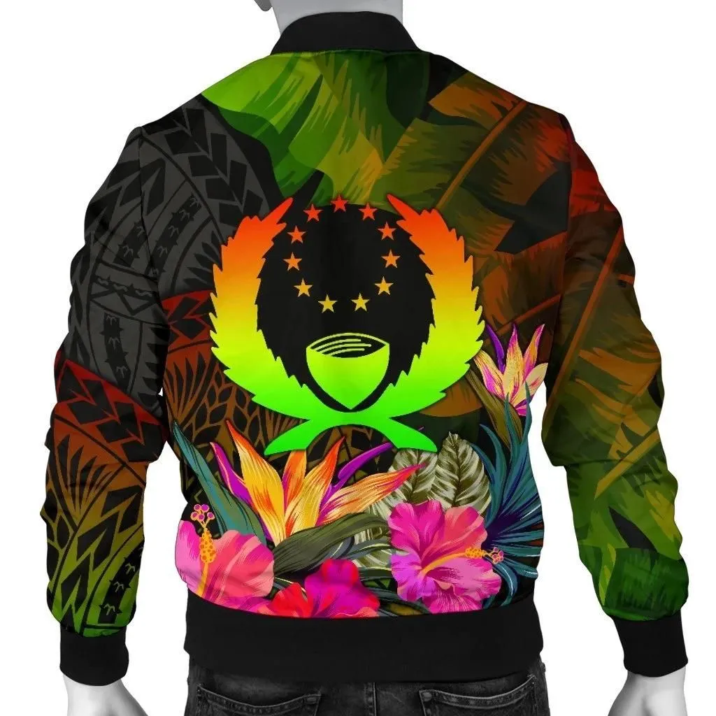 Pohnpei Polynesian Men's Bomber Jacket -  Hibiscus and Banana Leaves - BN15