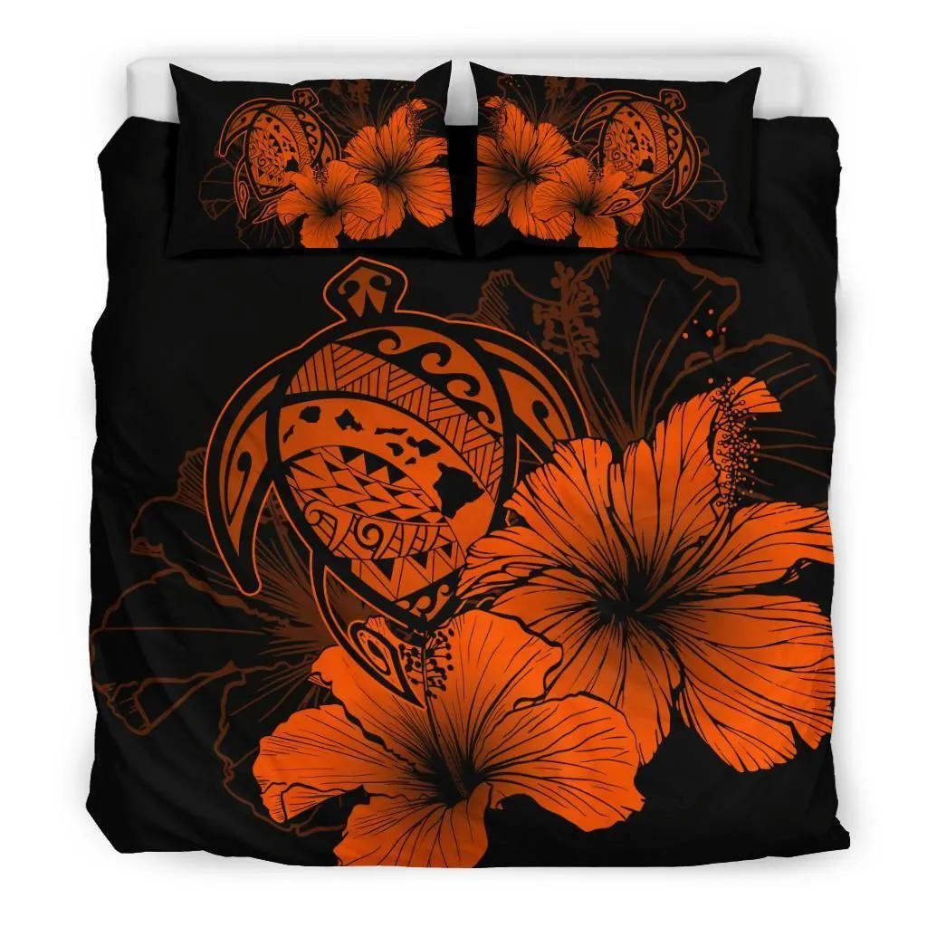 Hawaiian Map Hibiscus Turtle Polynesian Bedding Set - Orange