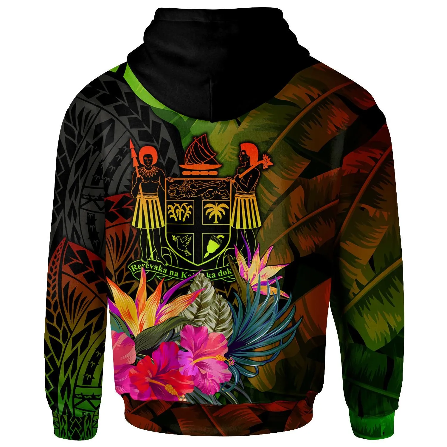 Fiji Polynesian Hoodie -  Hibiscus and Banana Leaves