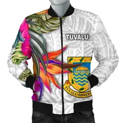Tuvalu Mens Bomber Jacket Polynesian Hibiscus White Pattern