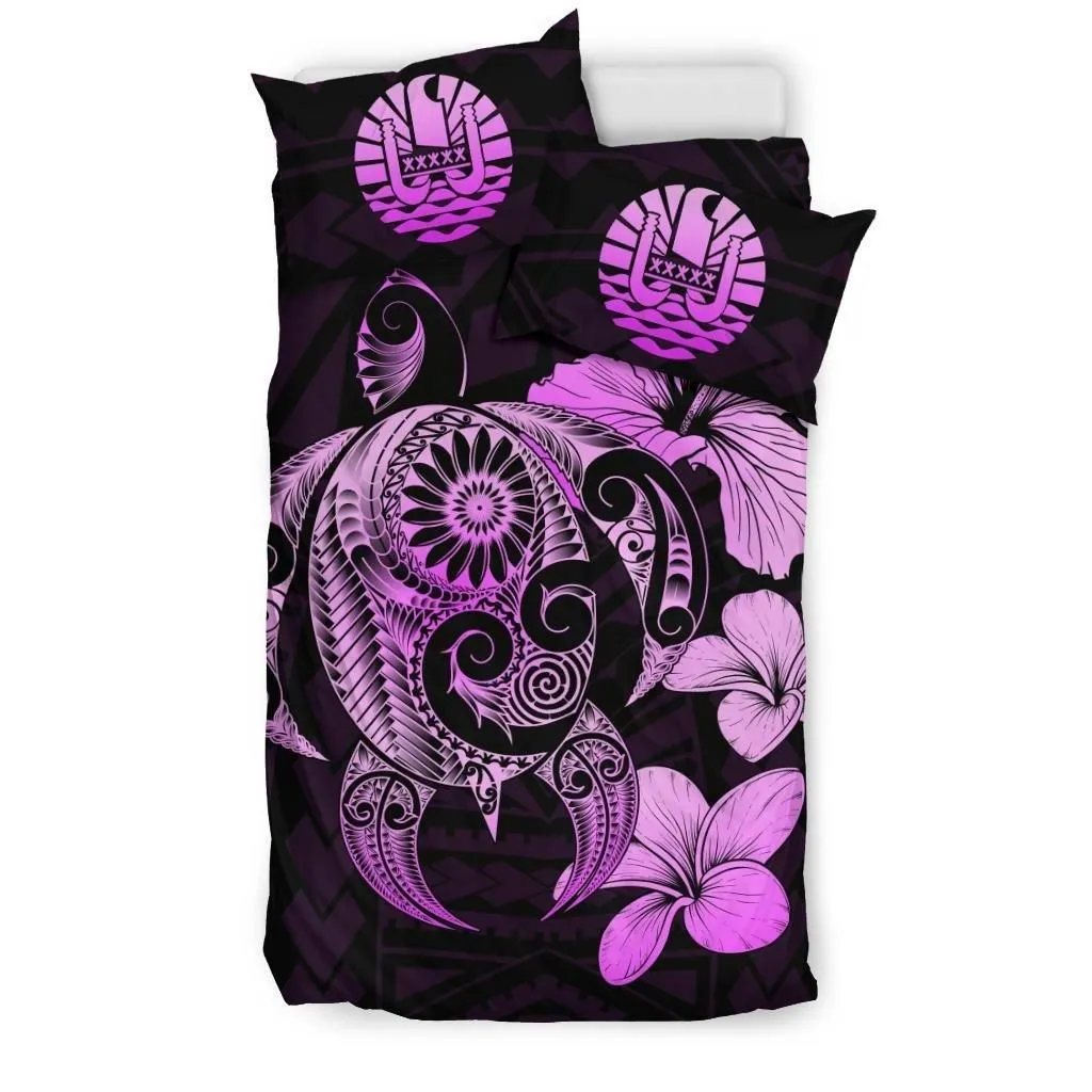 Alohawaii Bedding Set - Cover and Pillow Cases Tahiti Hibiscus Plumeria Mix Polynesian Turtle Pink J1