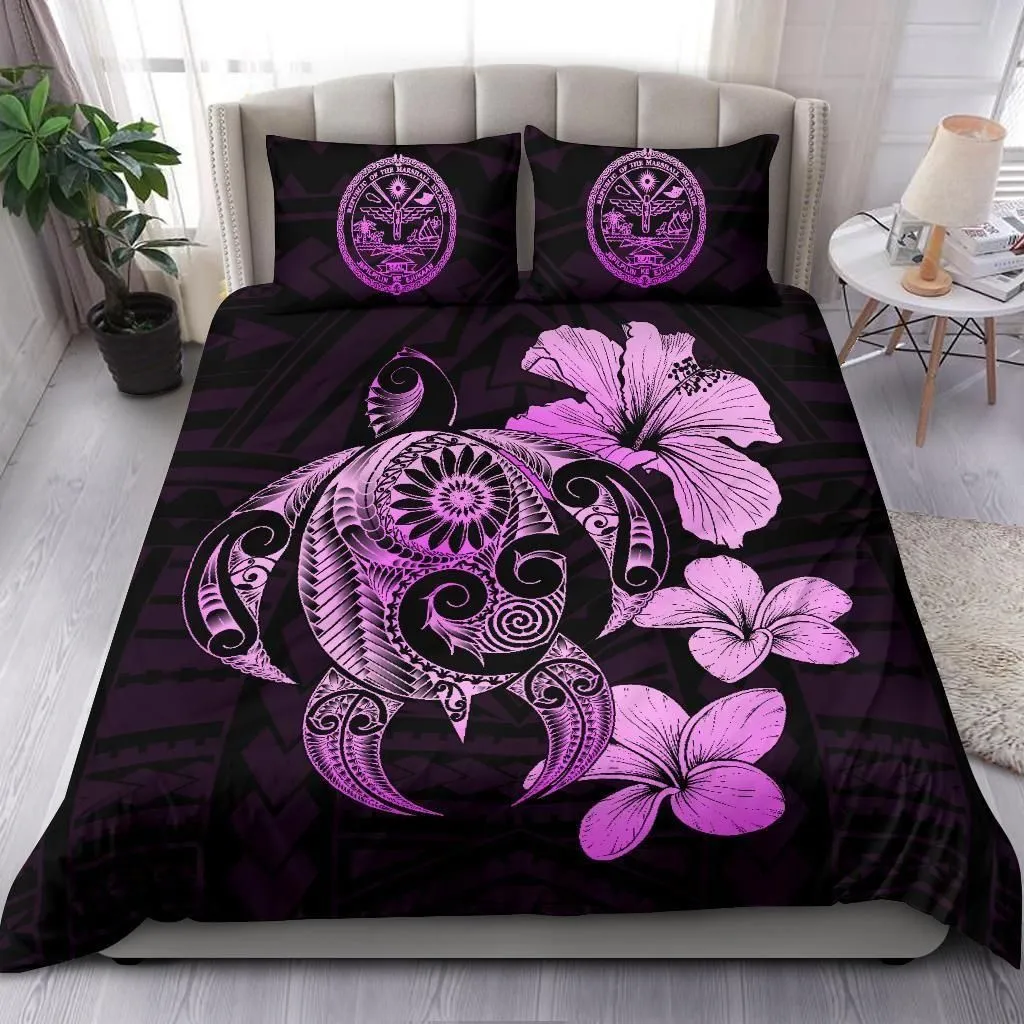 Alohawaii Bedding Set - Cover and Pillow Cases Marshall Islands Hibiscus Plumeria Mix Polynesian Pink Turtle - J1