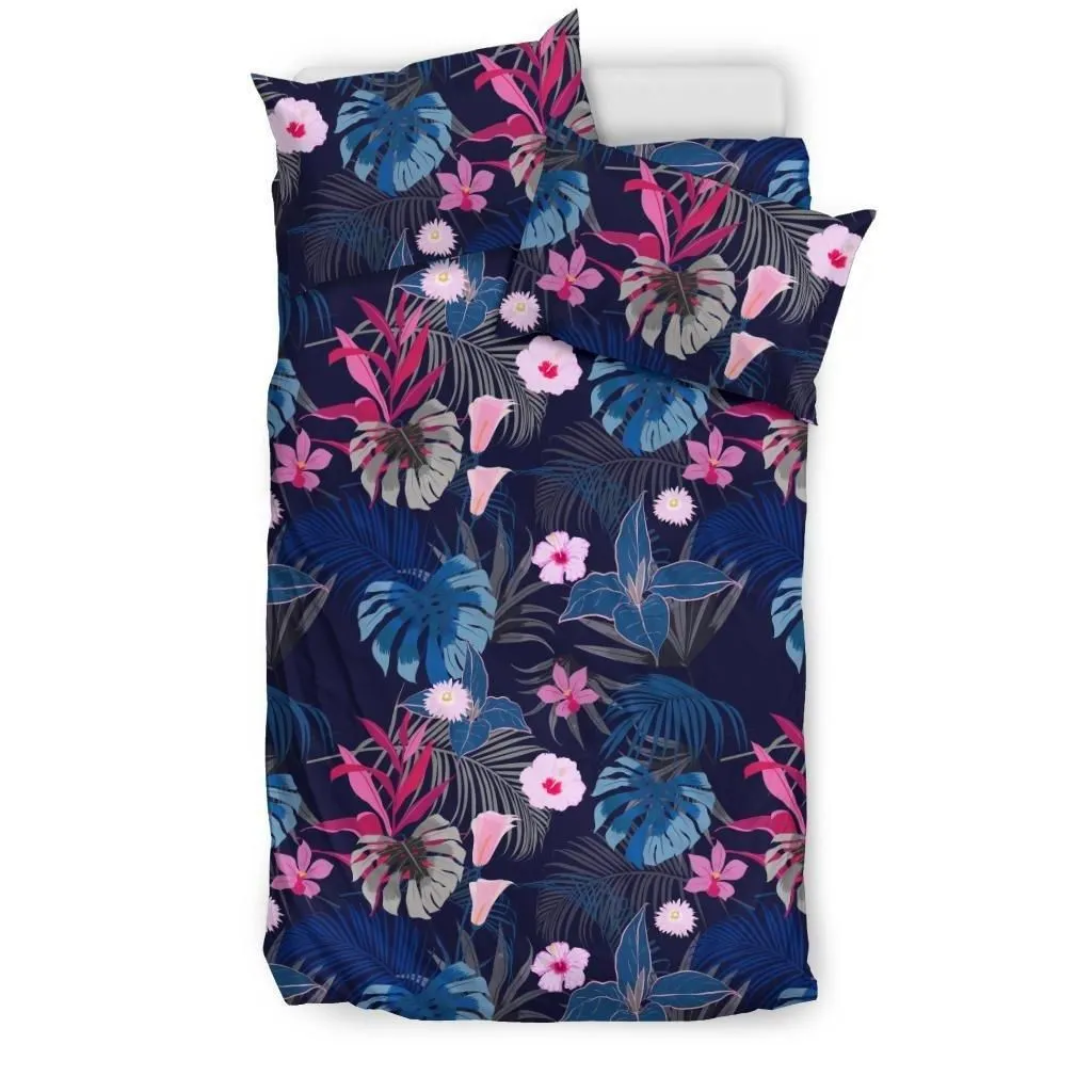 Alohawaii Bedding Set - Cover and Pillow Cases Hawaiian Tropical Palm Tree And Hibiscus Orchids Polynesian Flower - AH - J7