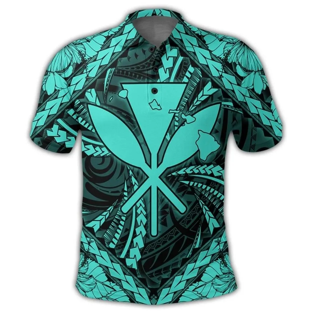 Alohawaii Shirt - Hawaiian Map Kanaka Hibiscus Turquoise Polynesian Polo Shirt - AH - JR