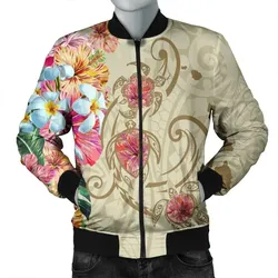 FamilyGater Jacket - Hawaii Triple Marble Turtle Polynesian Hibiscus Bomber Jacket - AH - Benjamin Style - Beige - J5R