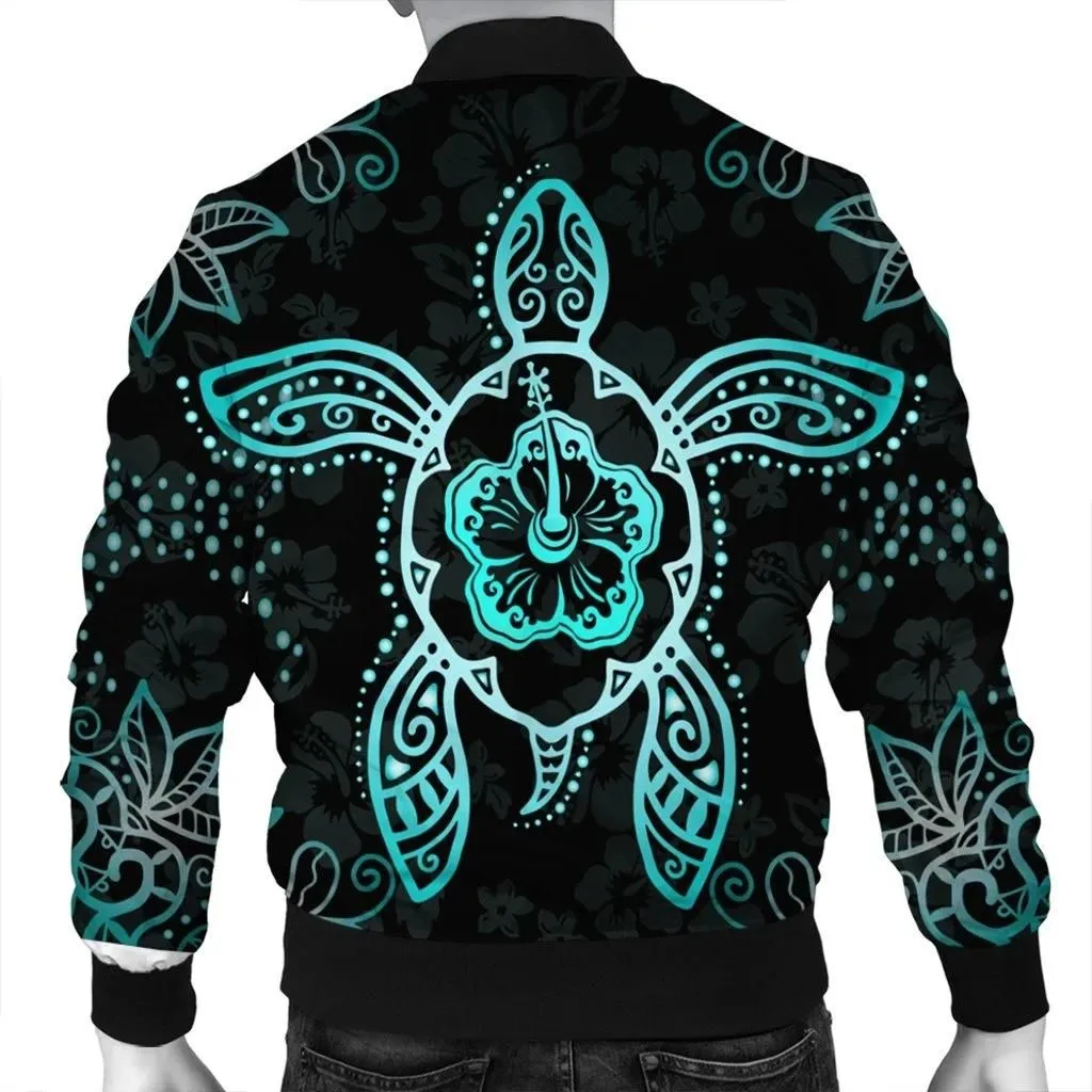 FamilyGater Jacket - Hawaiian Turtle And Hibiscus Polynesian Bomber Jacket Turquoise - AH - JR
