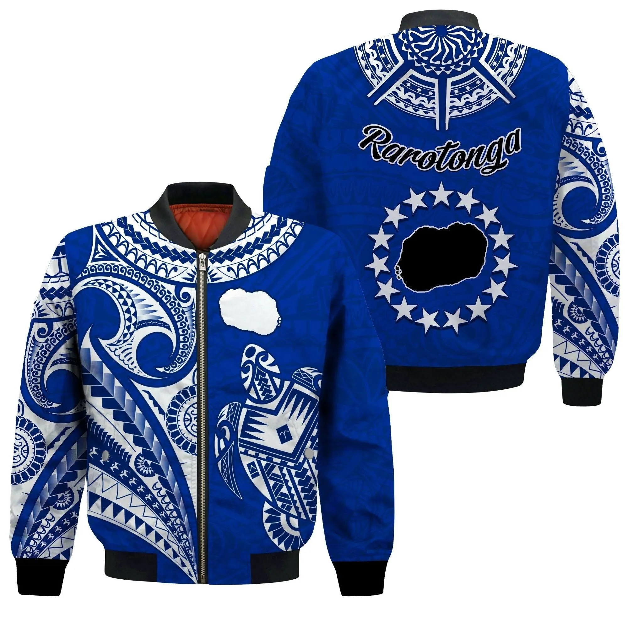 Rarotonga Cook Islands Bomber Jacket Turtle and Map Style Blue LT13