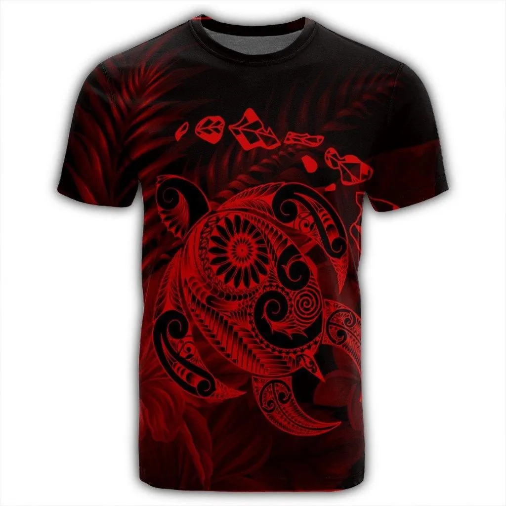 Hawaiian Map Turtle Tattoo Hibiscus Plumeria Polynesian T-Shirt - Red - AH
