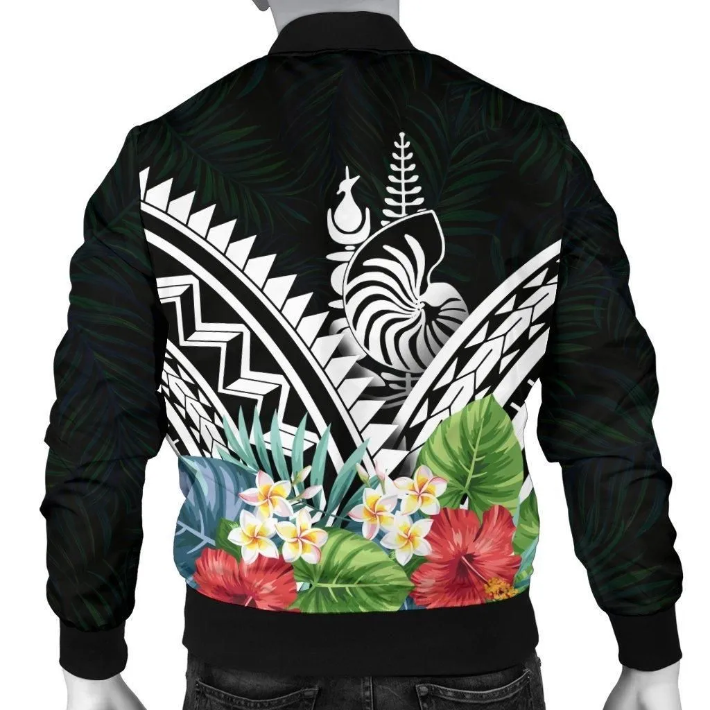 New Caledonia Mens Bomber Jacket - New Caledonia Coat of Arms and Polynesian Tropical Flowers White