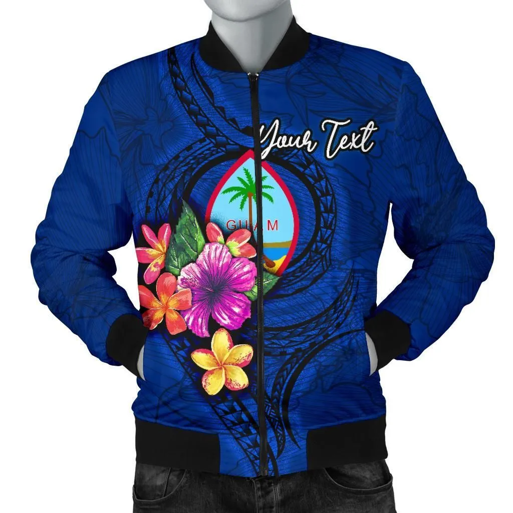 Guam Polynesian Custom Personalised Men's Bomber Jacket - Floral With Seal Blue - BN12