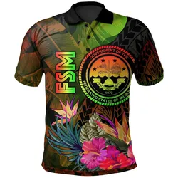 Federated States of Micronesia Polynesian Polo Shirt -  Hibiscus and Banana Leaves