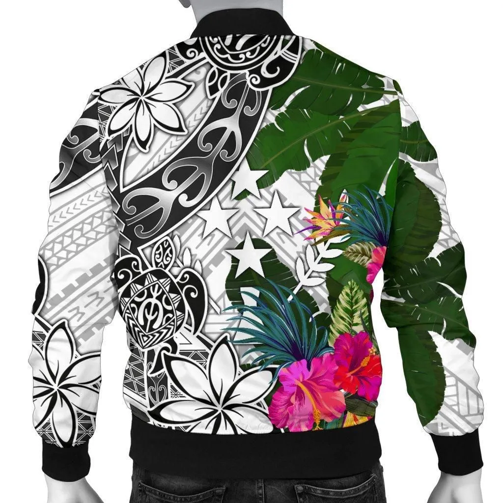 Kosrae Mens Bomber Jacket White - Turtle Plumeria Banana Leaf