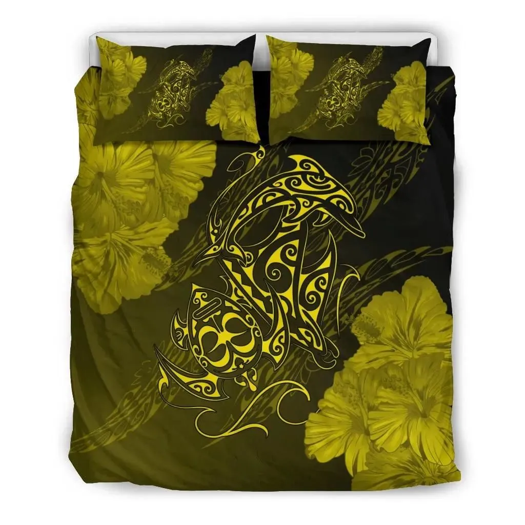 FamilyGater Home Set - Hawaiian Hibiscus Dolphin Manta Ray Turtle Polynesian Bedding Set Waves Yellow - AH - J5
