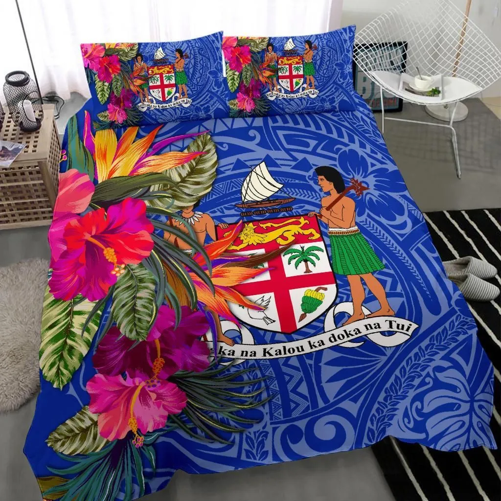 Fiji Bedding Set - Hibiscus Polynesian Pattern Blue Version
