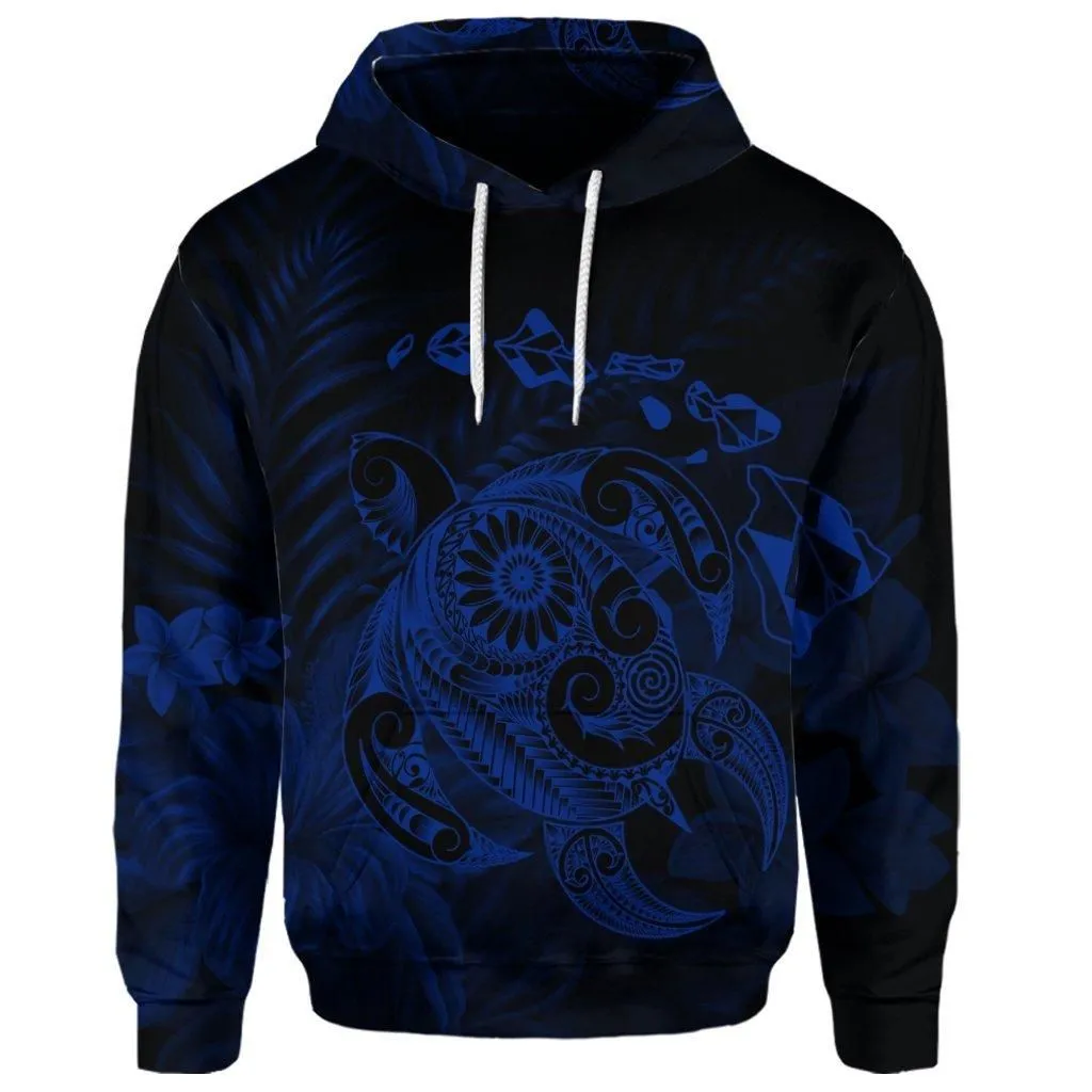 (Personalised) Hawaiian Map Turtle Tattoo Hibiscus Plumeria Polynesian Hoodie - Blue - AH