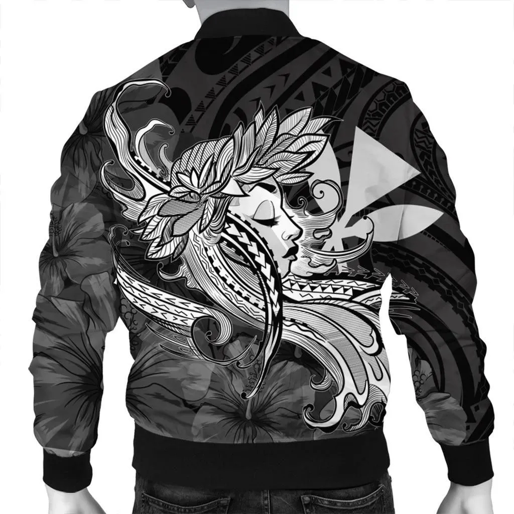 Alohawaii Jacket - Hawaiian Map Hula Girl Hibiscus Kanaka Polynesian Bomber Jacket - White - AH - J4R
