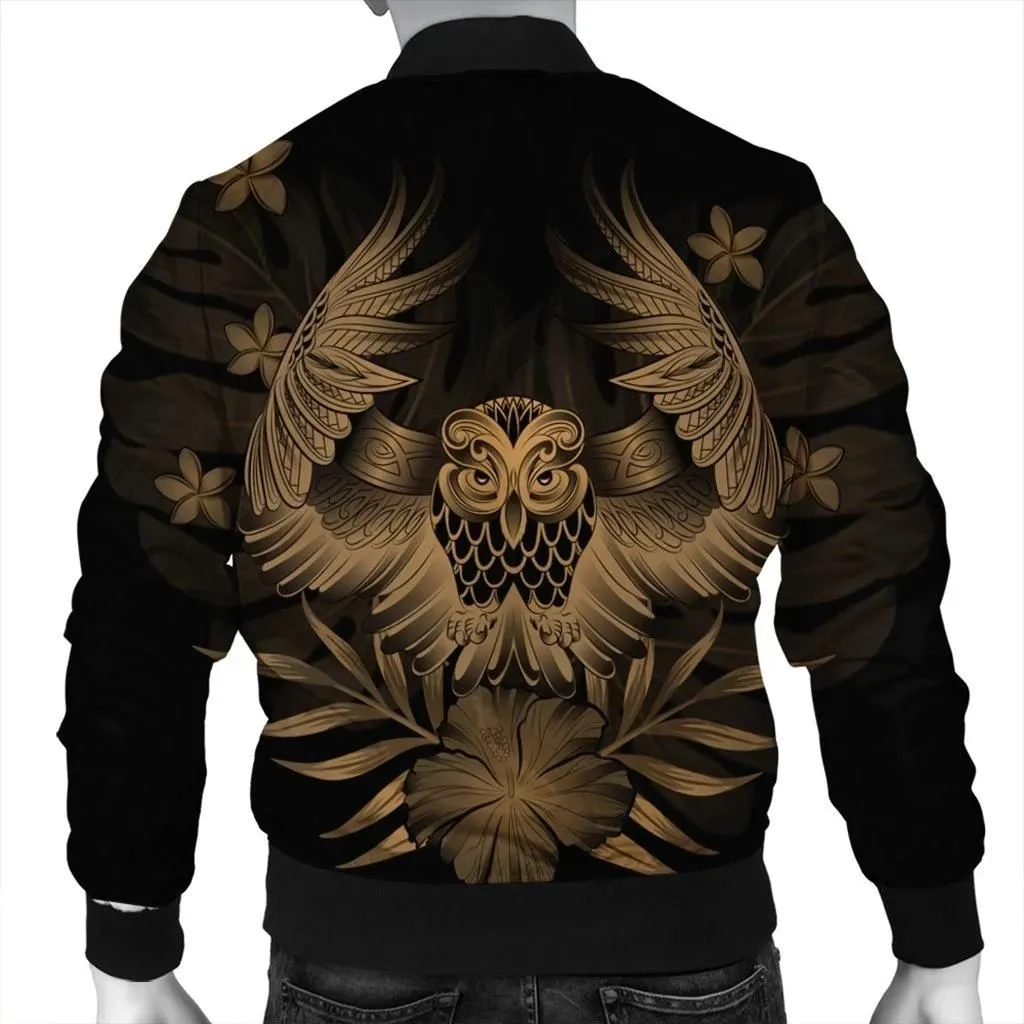FamilyGater Jacket - Hawaiian Owl Hibiscus Plumeria Polynesian Bomber Jacket - Gold - AH - J4R