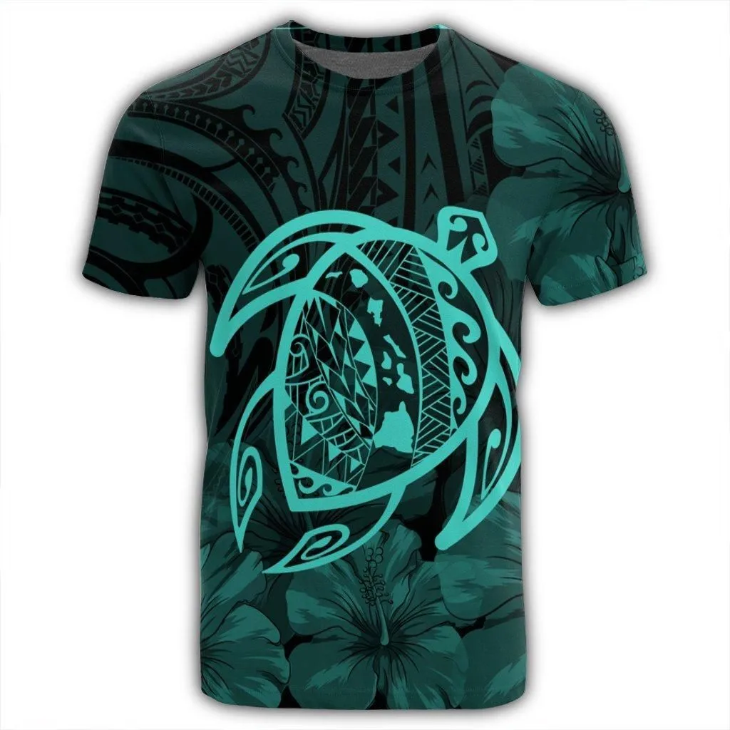 Hawaiian Map Turtle Kanaka Hibiscus Polynesian T-Shirt - Turquoise - AH