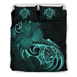 Hawaiian Map Turtle Hibiscus Divise Turquoise Polynesian Bedding Set