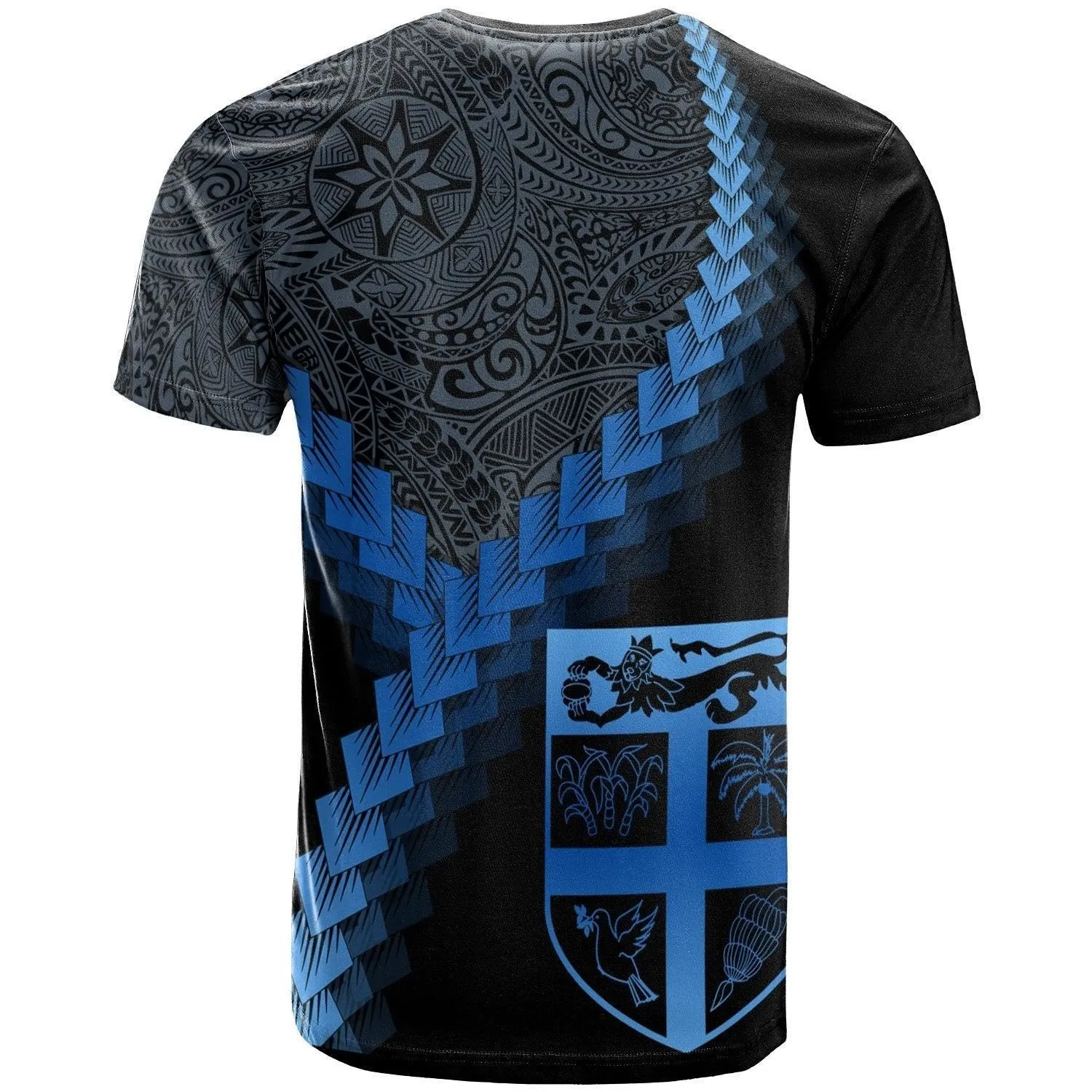 Fiji T-Shirt - Fiji Coat Of Arms With Polynesian Tattoo Blue