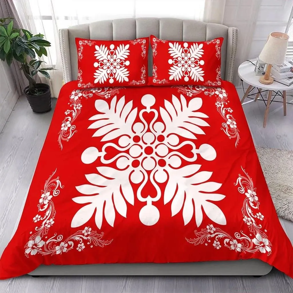 Alohawaii Home Set - Hawaiian Quilt Maui Plant And Hibiscus Pattern Bedding Set - White Red - AH J8