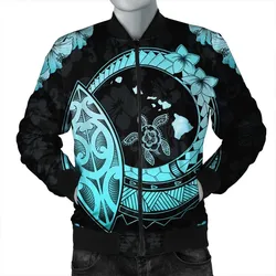 Hawaii Turtle Hibiscus Map Polynesian Bomber Jacket Turquoise - AH