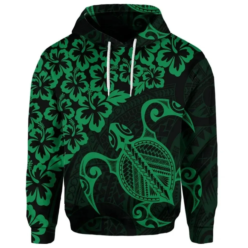 Alohawaii Hoodie - (Personalised) Hawaiian Map Turtle Hibiscus Kanaka Polynesian Hoodie - Green - AH - J4R
