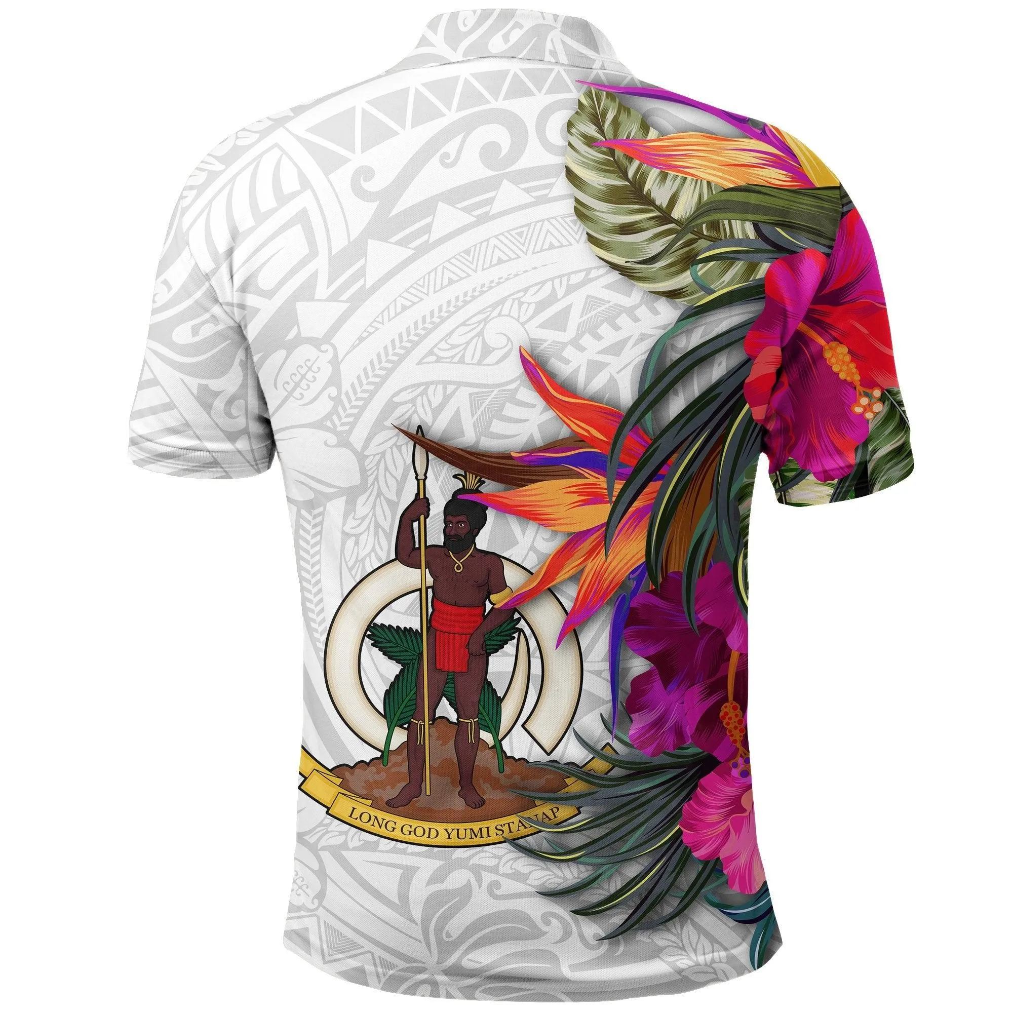 Vanuatu Polo Shirt Polynesian Hibiscus White Pattern