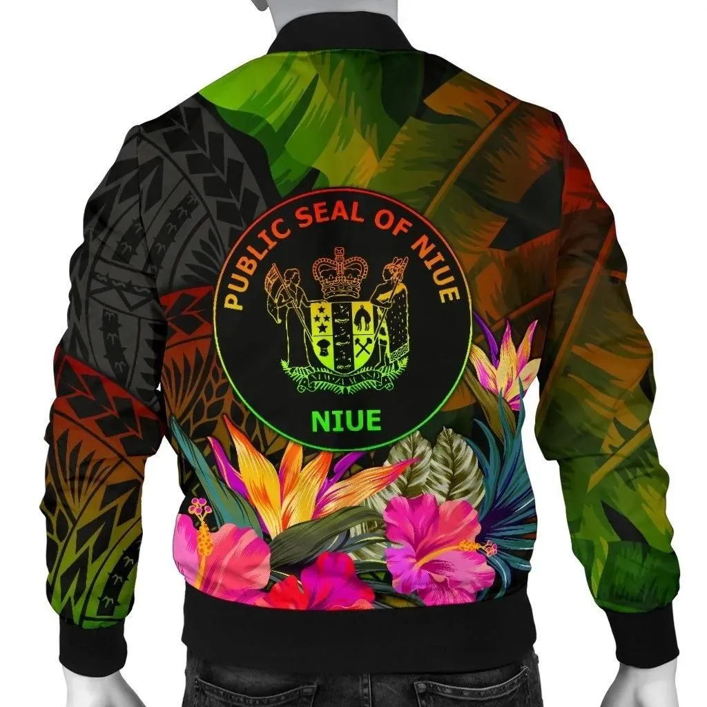 Niue Polynesian Personalised Men's Bomber Jacket - Hibiscus and Banana Leaves - BN15