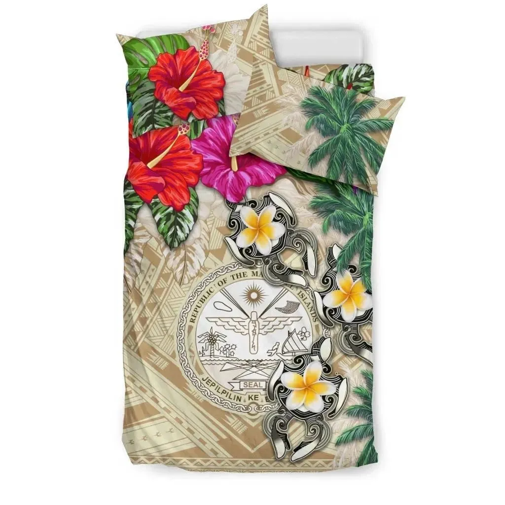 Alohawaii Bedding Set - Cover and Pillow Cases Marshall Islands - Hibiscus Turtle Tattoo Beige A02