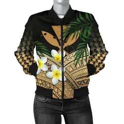 Kanaka Maoli (Hawaiian) Womens Bomber Jacket, Polynesian Plumeria Banana Leaves Gold
