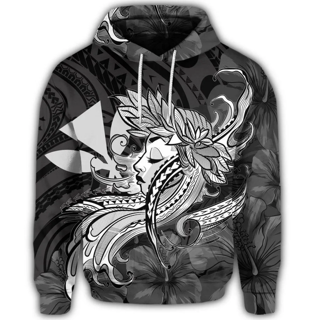 Hawaiian Map Hula Girl Hibiscus Kanaka Polynesian Hoodie - White