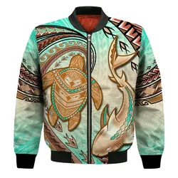 Hawaii Bomber Jacket Polynesian Shark And Sea Turtle Dreamy Turquoise Artsy LT14