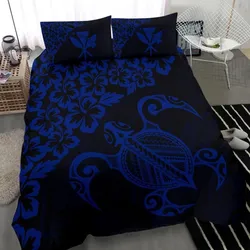 Alohawaii Bedding Set - Cover and Pillow Cases Hawaiian Map Turtle Hibiscus Kanaka Polynesian - Blue - AH J4