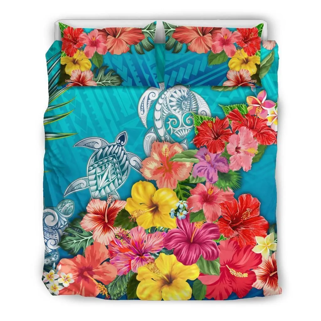 Three Turtle Polynesian Bedding Set Hibiscus Colorful