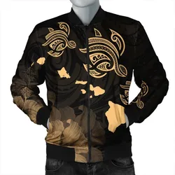 Hawaii Turtle Hibiscus Map Polynesian Bomber Jacket Gold