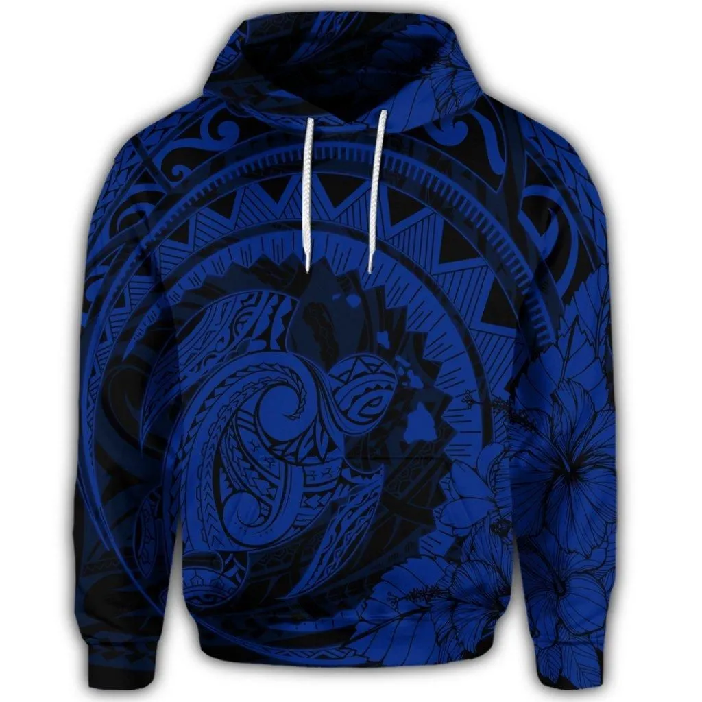 Hawaiian Kanaka Honu Map Hibiscus Globular Polynesian Blue Hoodie